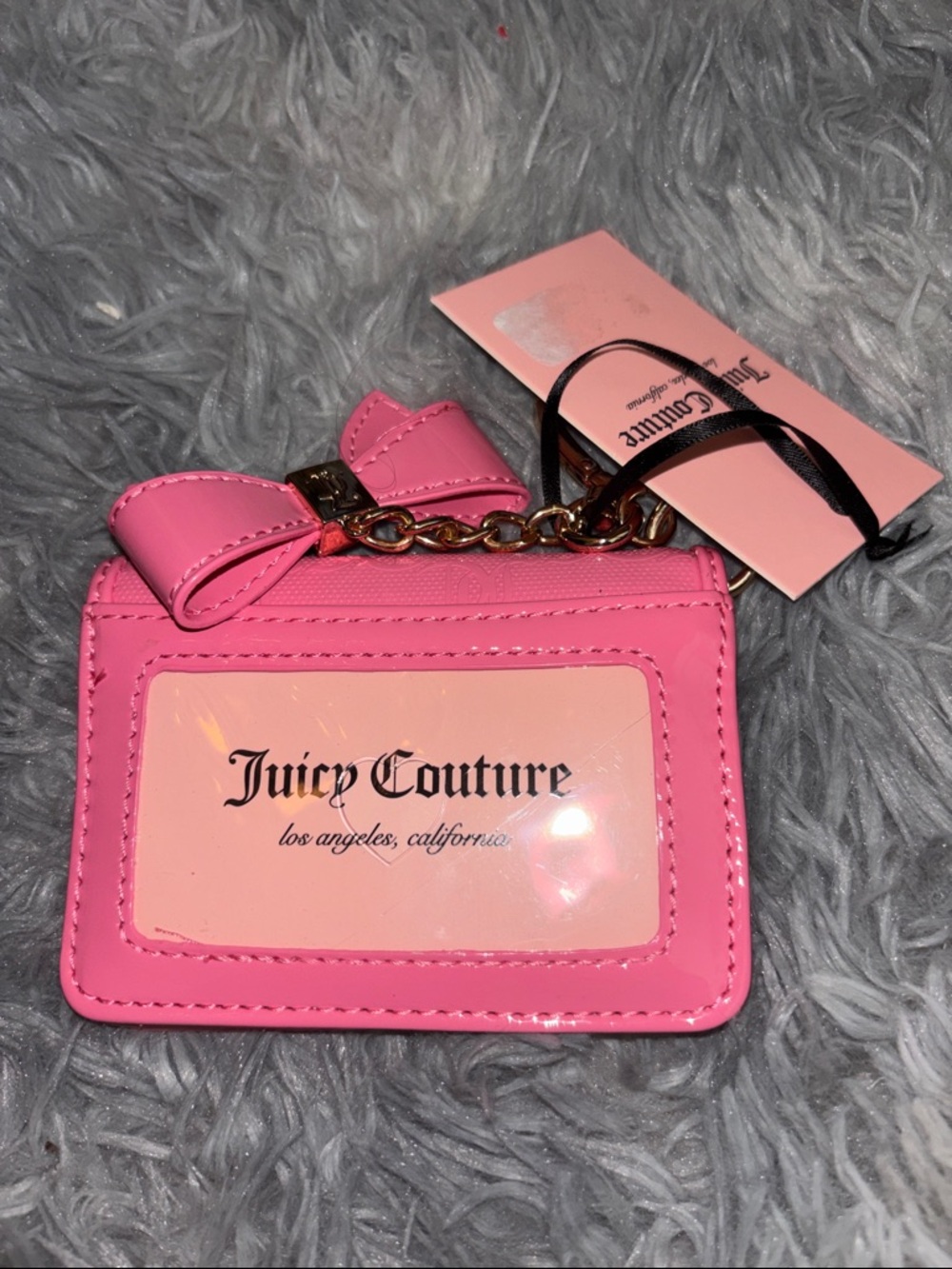 Juicy Couture Hot Pink Cardholder Keychain with Gold Chain & Bow - Picture 3 of 4